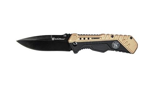S&W KNIFE BLACK/FDE SPRING AST 3.5" BLACK BLADE RUB/ALUM