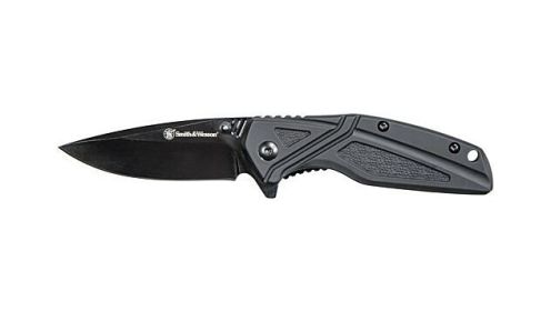 S&W KNIFE BLACK RUBBER 3" BLK OXIDE BLADE W/POCKET CLIP